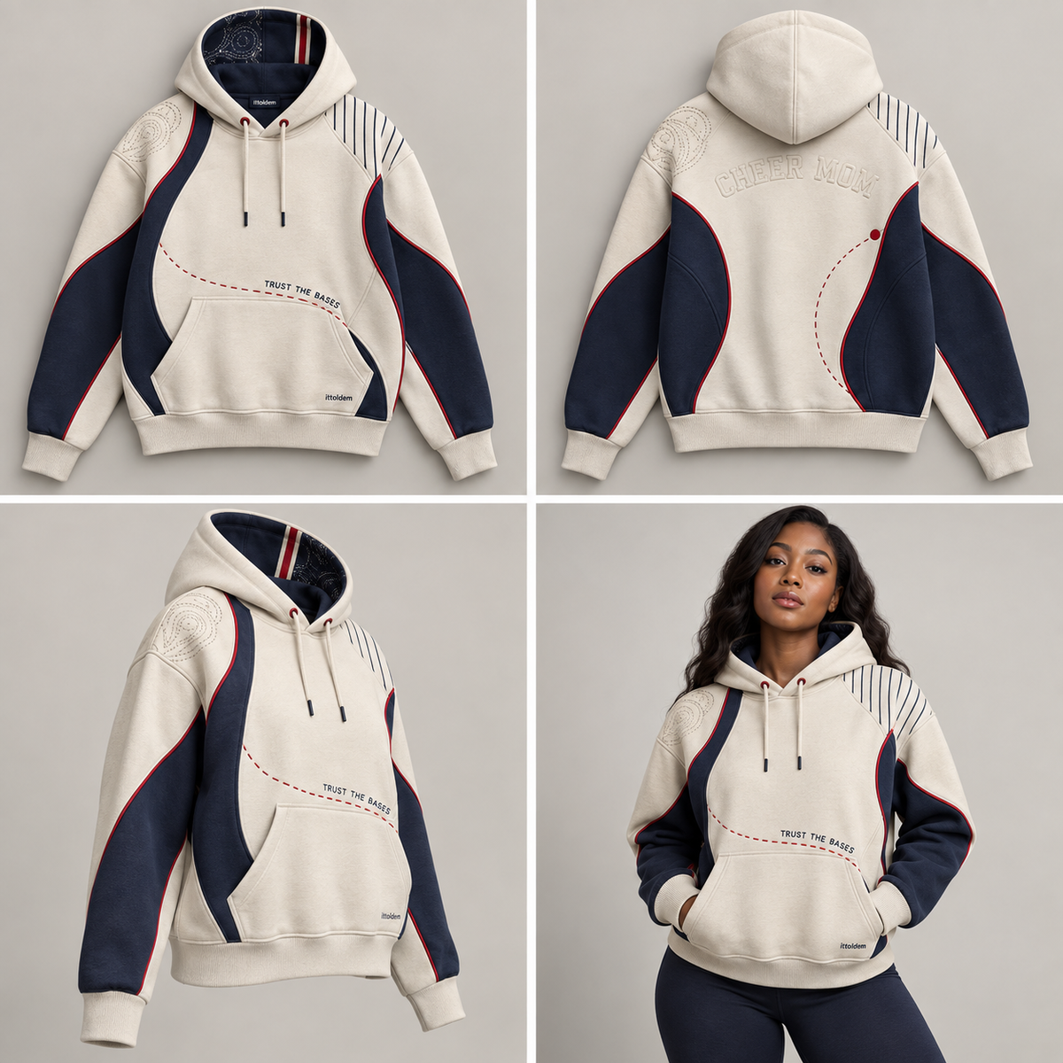 Cream and navy Cheer Mom Trust the Bases hoodie shown front, back, side, and on a brown-skin model