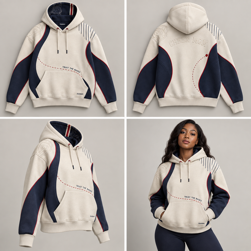 Cream and navy Cheer Mom Trust the Bases hoodie shown front, back, side, and on a brown-skin model