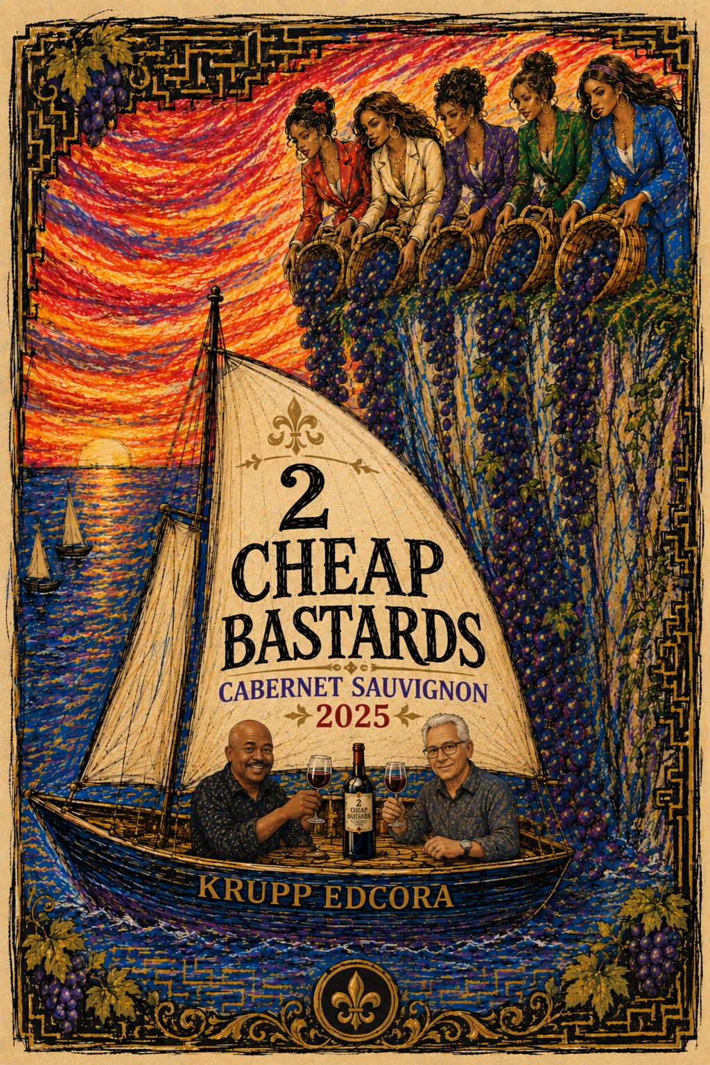 Custom illustrated 2025 Cabernet Sauvignon wine bottle label design sample