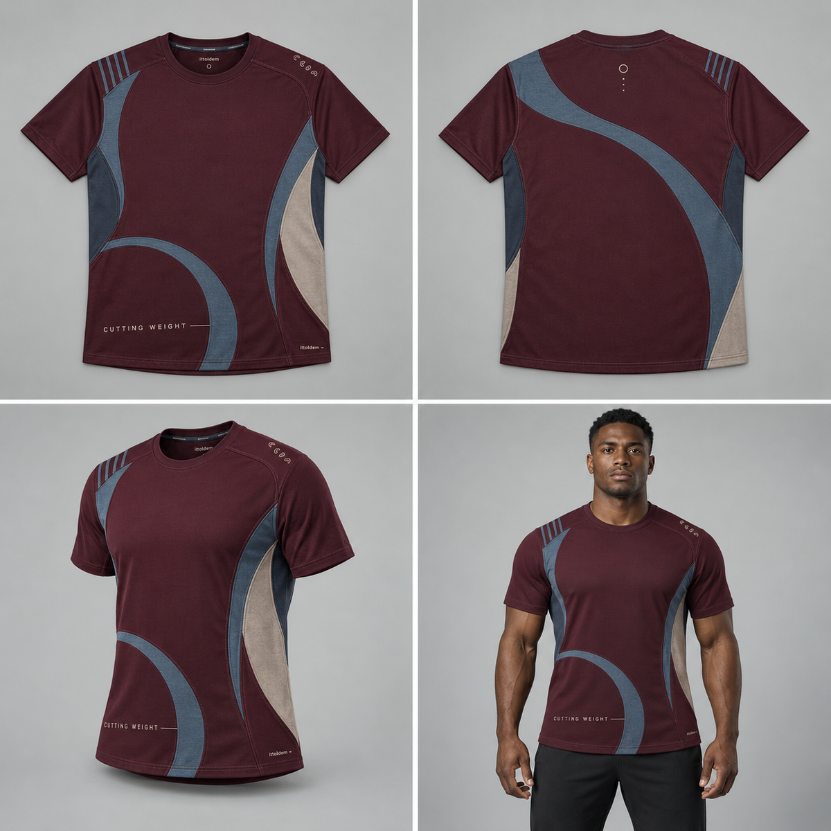 Burgundy Cutting Weight wrestling tee shown front, back, side, and on a brown-skin model
