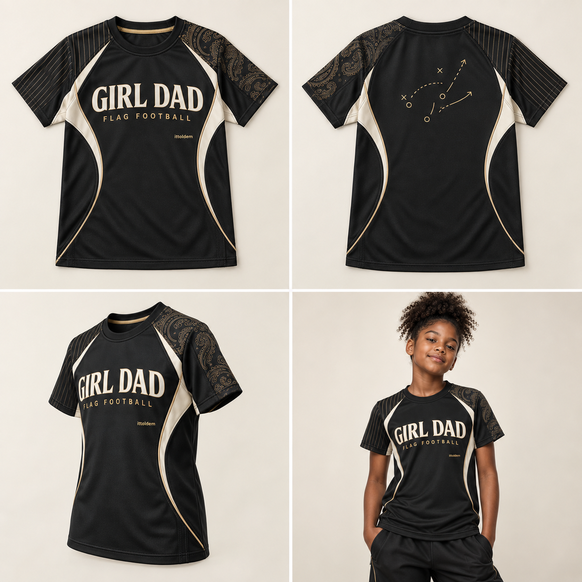 Black and cream Girl Dad flag football tee shown front, back, side, and on a brown-skin youth model