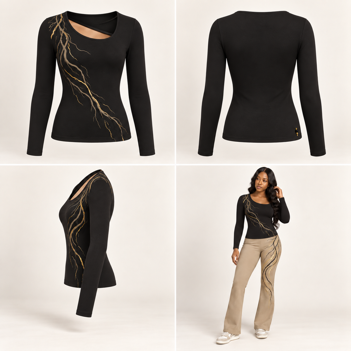 ITT TOLD’EM After Class Sculpt Top — front, back, side, and brown-skin model views