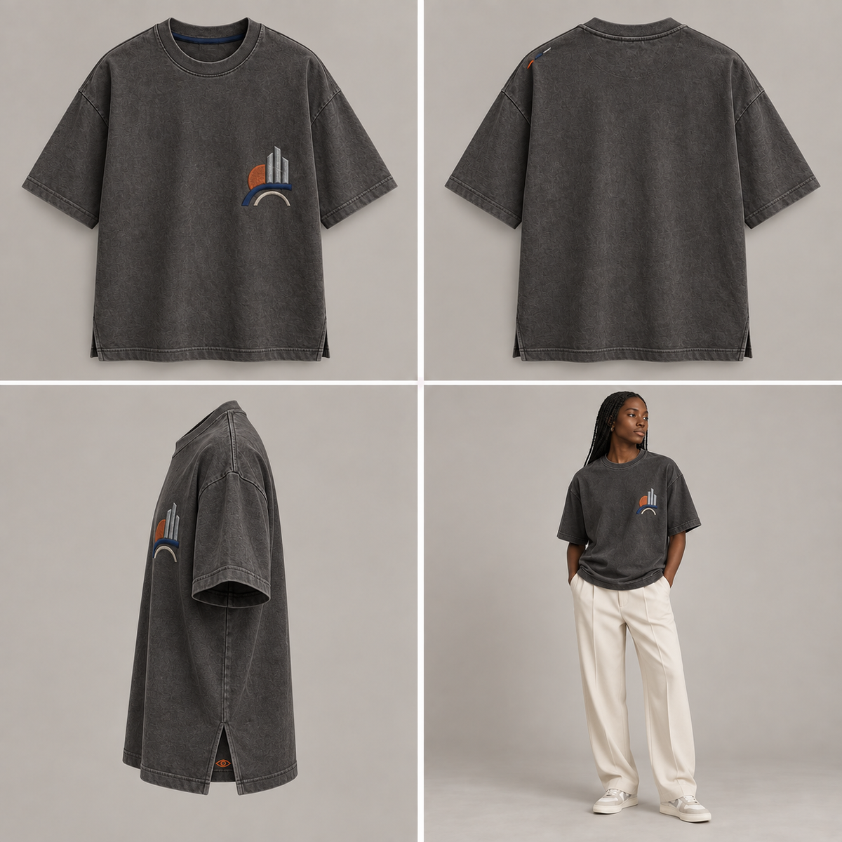 ITT TOLD’EM Borough Arc Quiet Court Tee — front, back, side, and brown-skin model views
