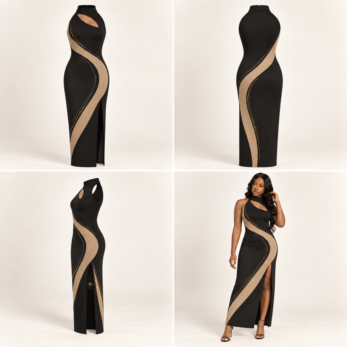 ITT TOLD’EM Final Period Dress — front, back, side, and brown-skin model views
