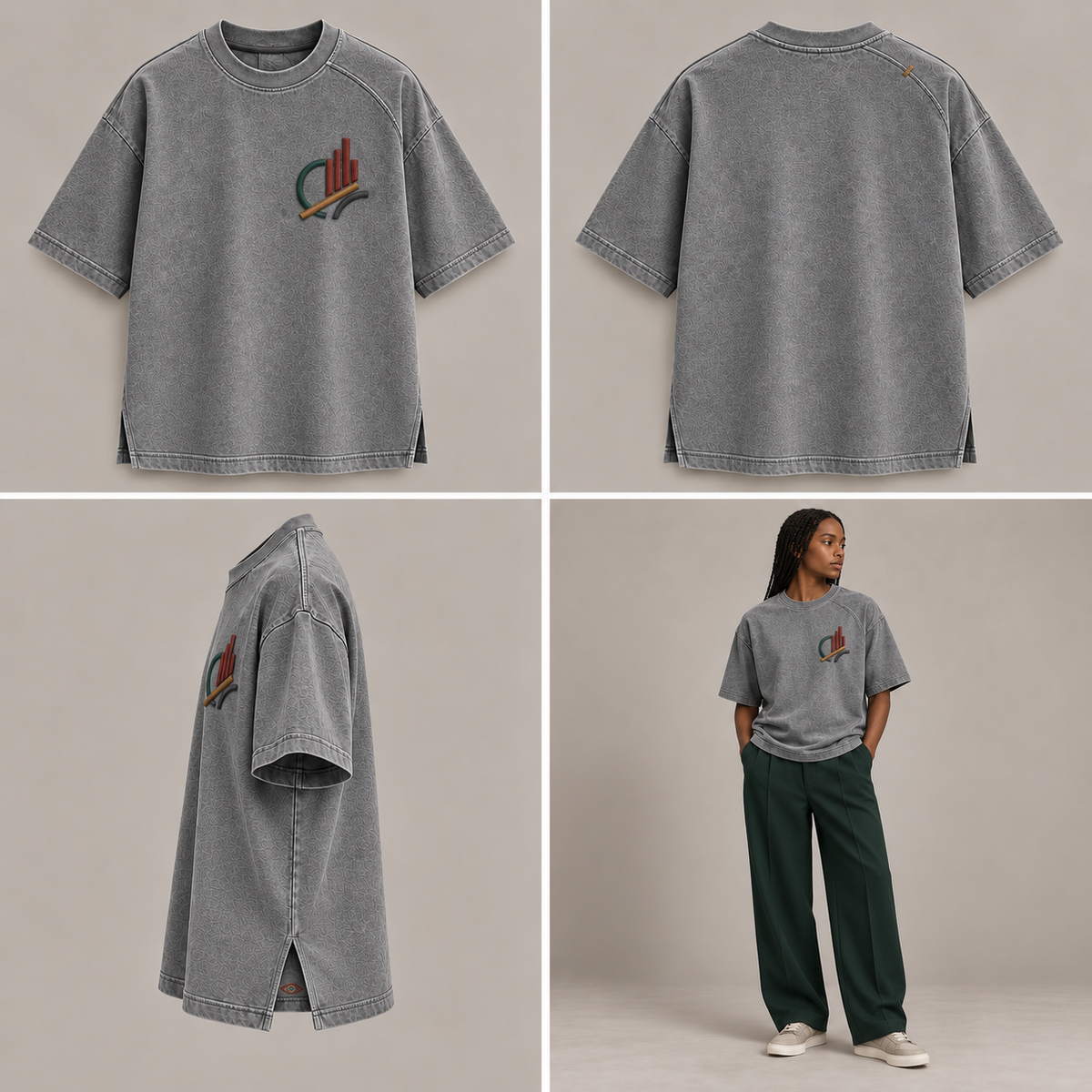 ITT TOLD’EM Harbor Grid Quiet Court Tee — front, back, side, and brown-skin model views