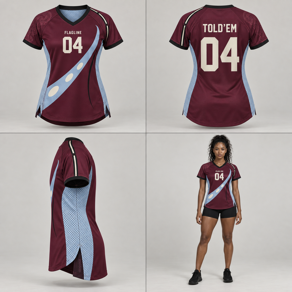 Burgundy and blue ITT FLAGLINE number 04 jersey shown front, back, side, and on a brown-skin model