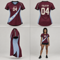 Burgundy and blue ITT FLAGLINE number 04 jersey shown front, back, side, and on a brown-skin model