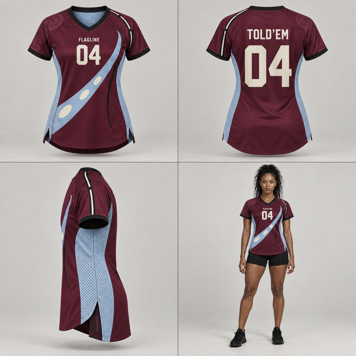 Burgundy and blue ITT FLAGLINE number 04 jersey shown front, back, side, and on a brown-skin model