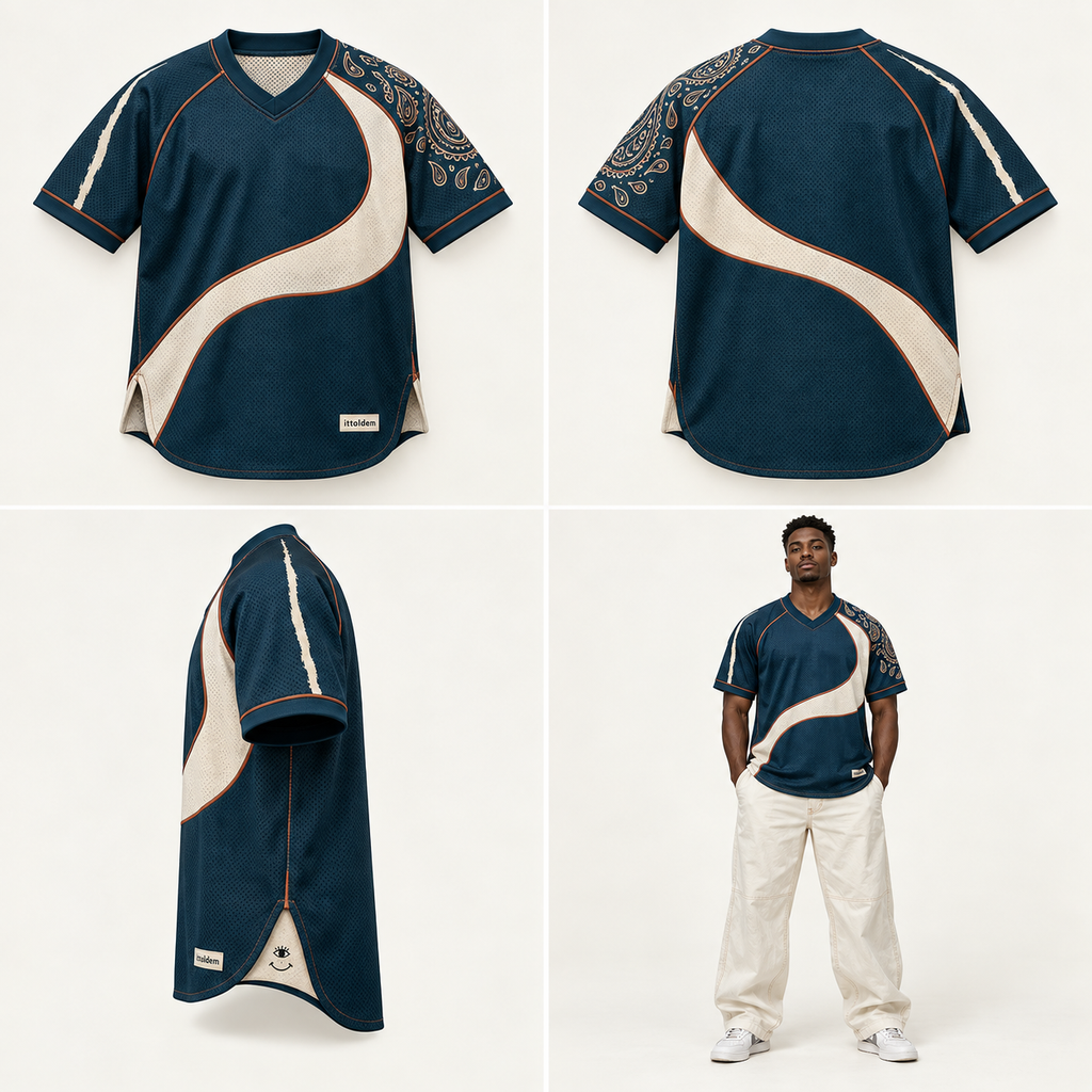 Deep teal, cream, and paisley ITT FLAGLINE jersey shown front, back, side, and on a brown-skin model