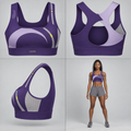 Purple ITT FLAGLINE open-gate sports bra shown front, back, side, and on a brown-skin model