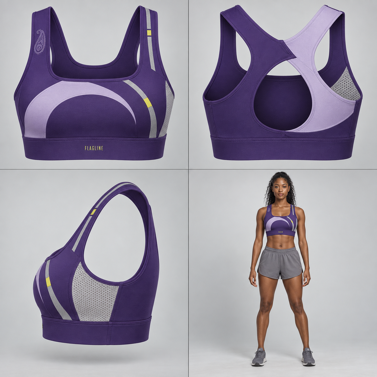 Purple ITT FLAGLINE open-gate sports bra shown front, back, side, and on a brown-skin model