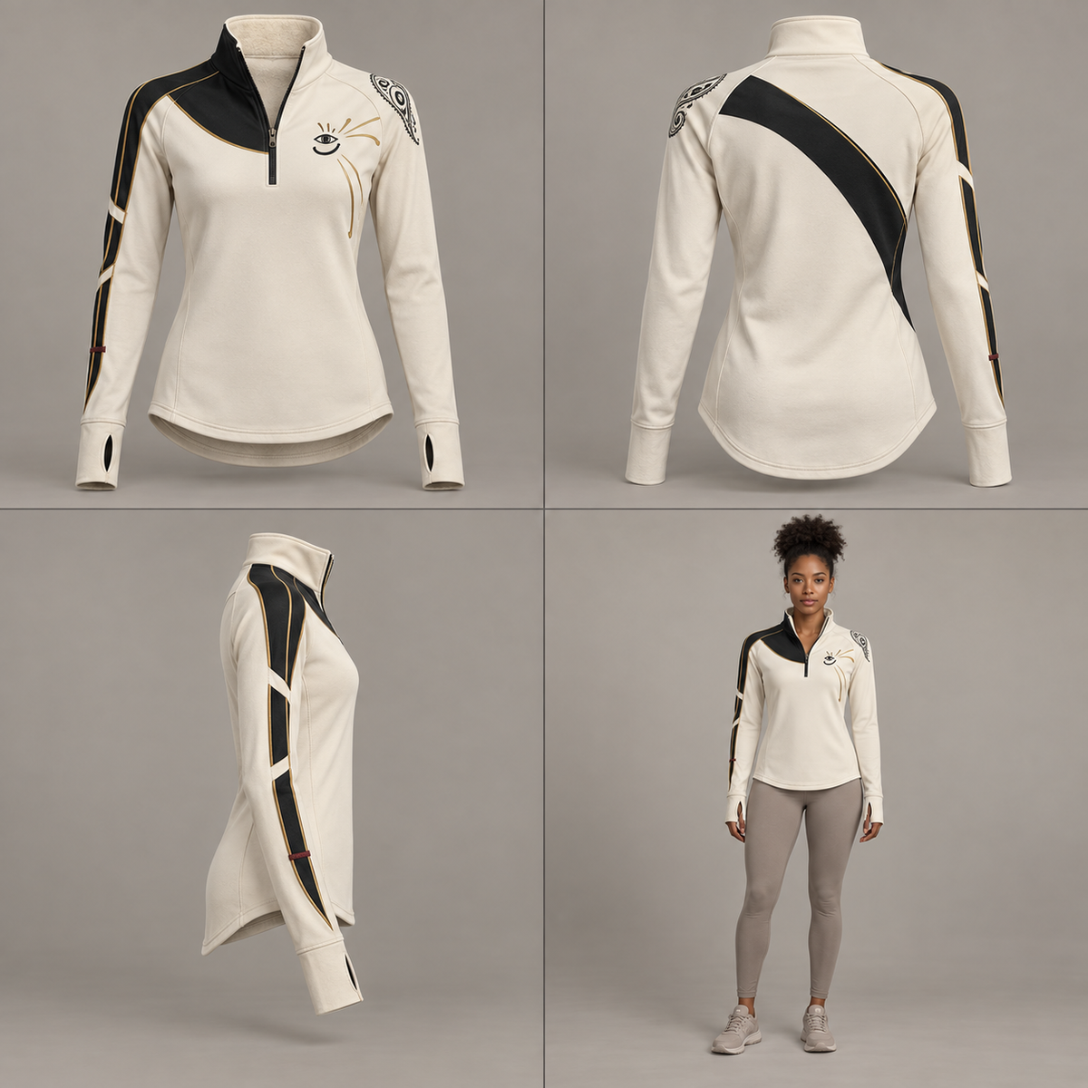 Cream and black ITT FLAGLINE quarter-zip pullover shown front, back, side, and on a brown-skin model
