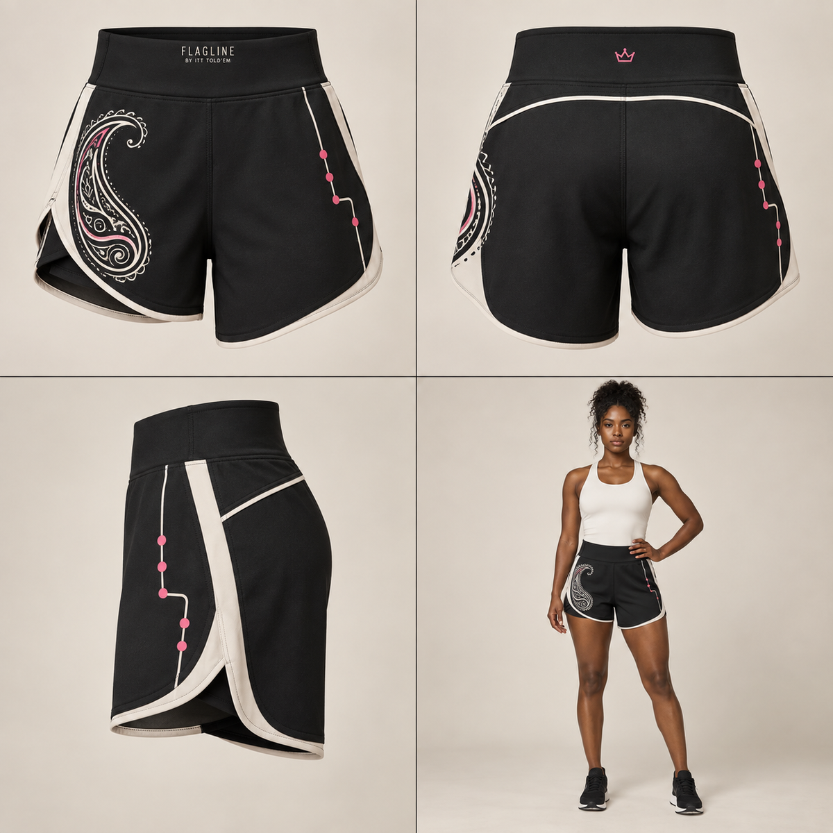 Black ITT FLAGLINE athletic short shown front, back, side, and on a brown-skin model