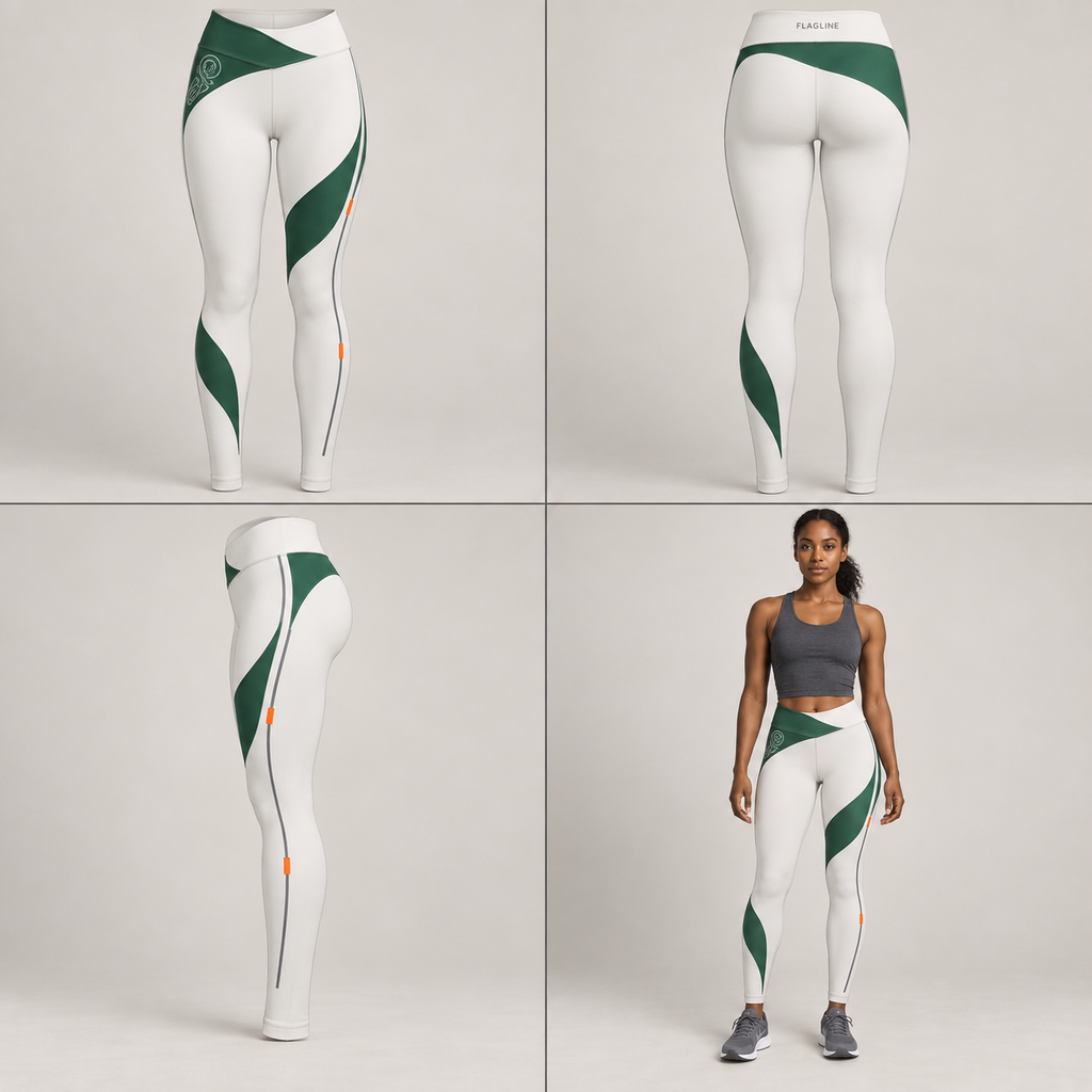 Cream and green ITT FLAGLINE Split Current legging shown front, back, side, and on a brown-skin model
