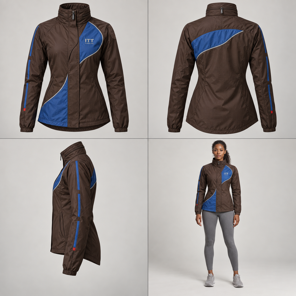 Brown and cobalt ITT FLAGLINE windbreaker shown front, back, side, and on a brown-skin model