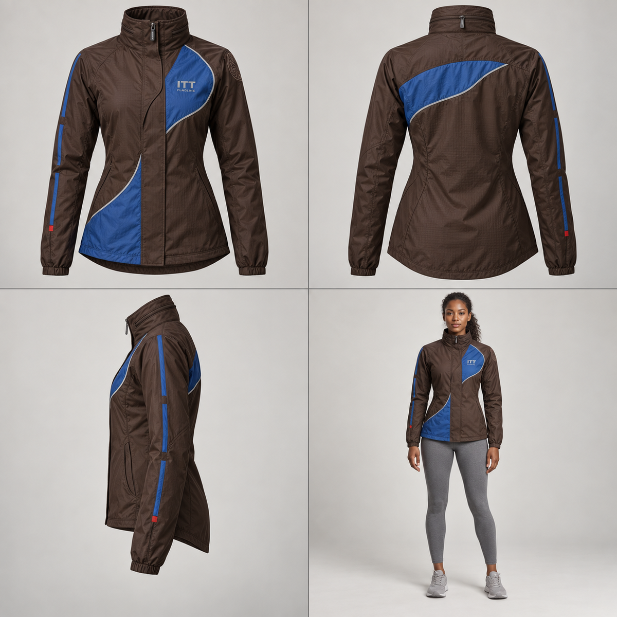 Brown and cobalt ITT FLAGLINE windbreaker shown front, back, side, and on a brown-skin model