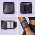 Black and purple ITT women's micro wrist coach shown closed, back, open, and worn