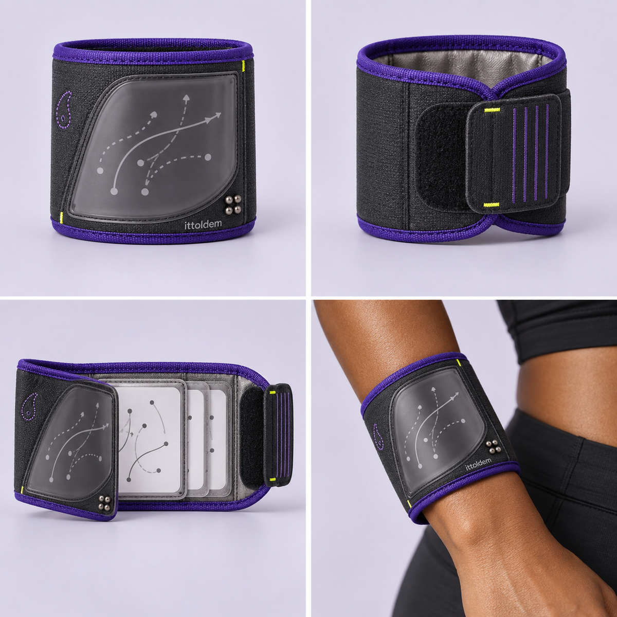 Black and purple ITT women's micro wrist coach shown closed, back, open, and worn