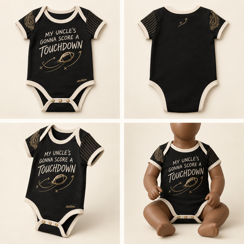Black My Uncle's Gonna Score a Touchdown baby onesie shown front, back, angle, and on a brown-skin baby