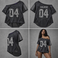 Graphite reconstructed off-shoulder number 04 jersey shown front, back, side, and on a brown-skin model