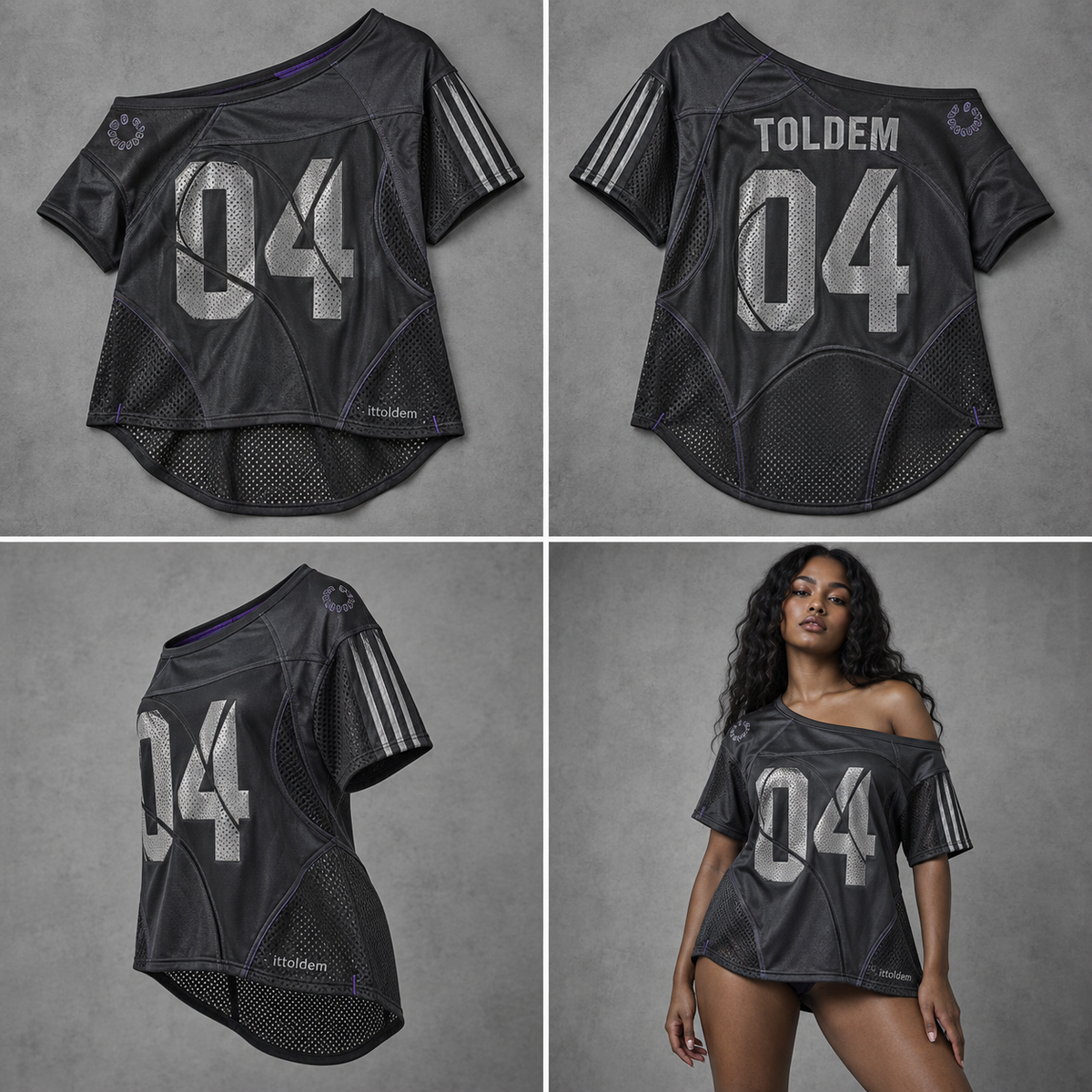 Graphite reconstructed off-shoulder number 04 jersey shown front, back, side, and on a brown-skin model
