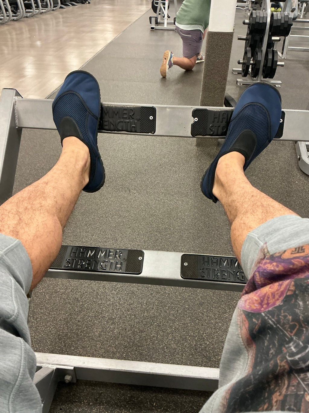 Rich Friends Jogger worn during a gym leg press workout, close detail view