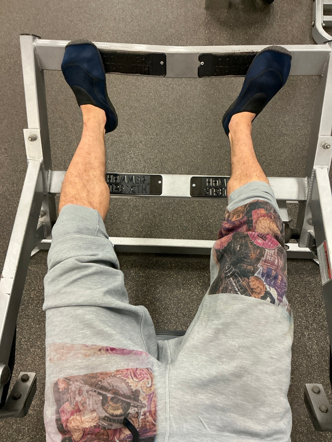 Rich Friends Jogger worn during a gym leg press workout, full garment view