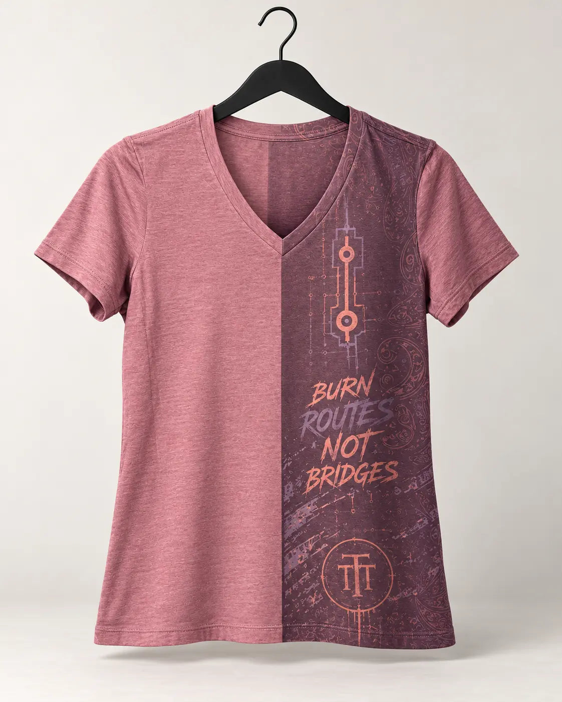 Burn Routes Not Bridges V-neck tee, front view